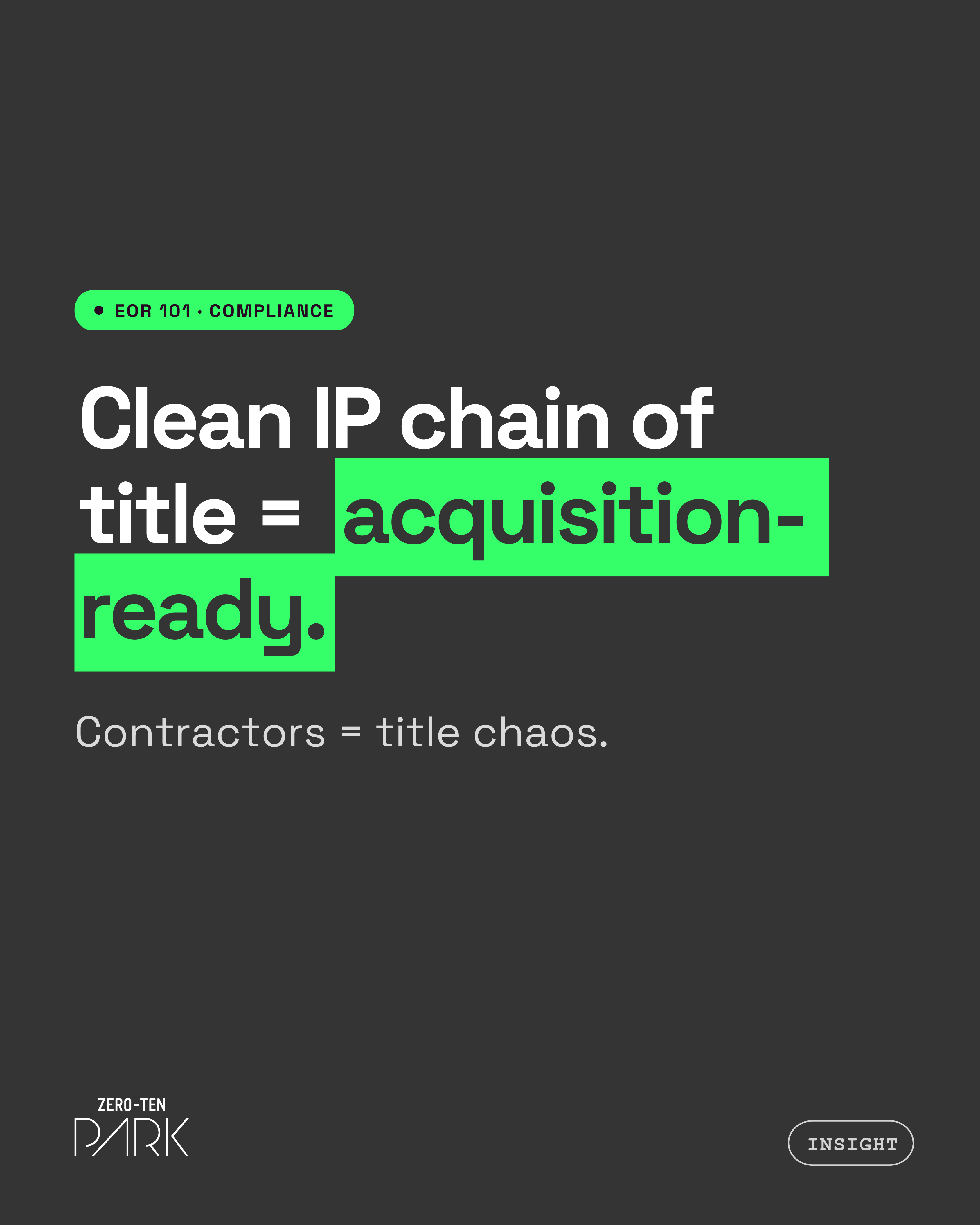 employer of record philippines (3) Graphic promoting employer of record Philippines compliance services with bold text reading “Clean IP chain of title = acquisition-ready.” on a dark background with neon green highlight blocks. Smaller text says “Contractors = title chaos.” Branding for Zero-Ten Park appears at the bottom alongside an “Insight” label.