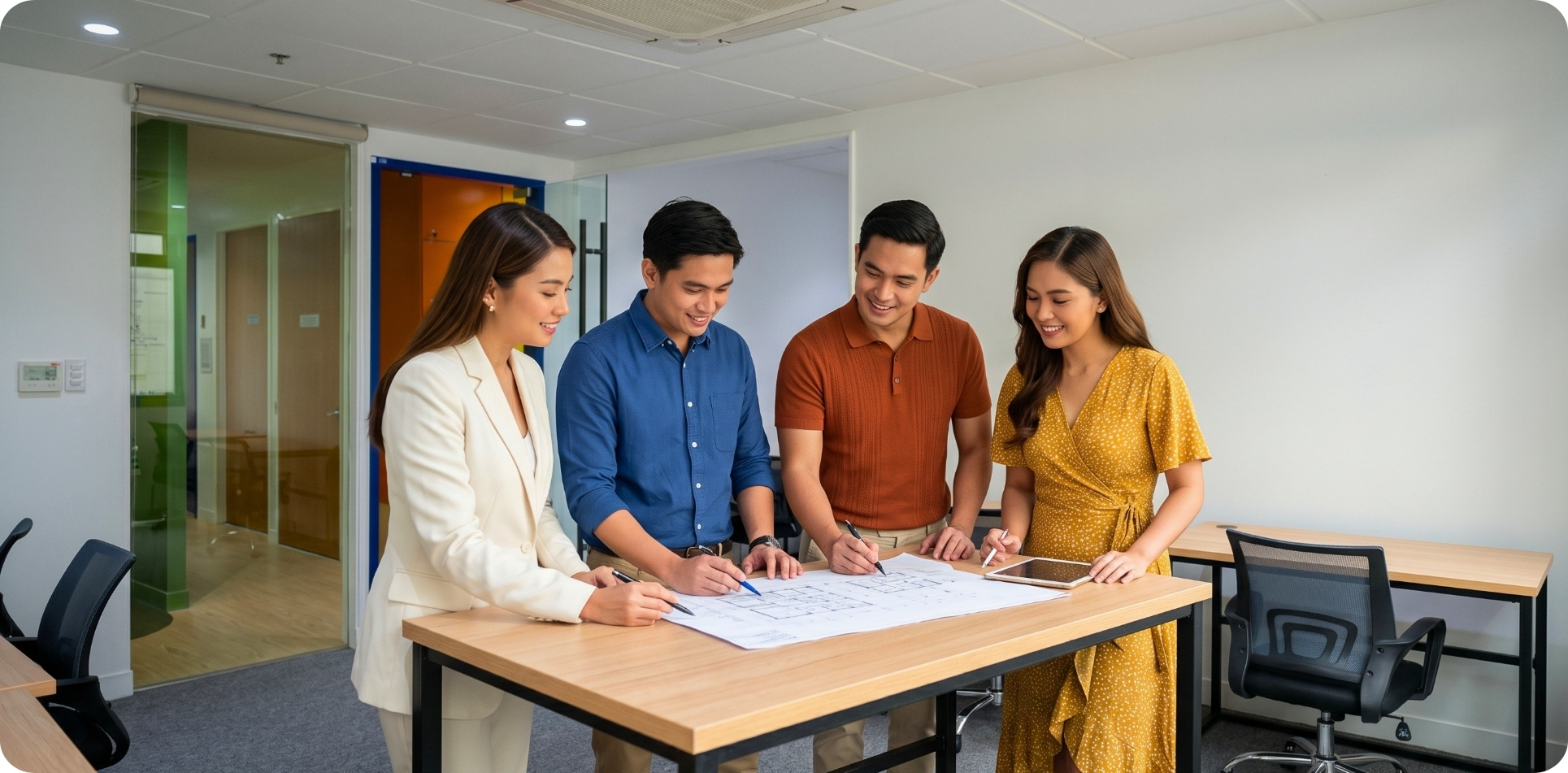 Team reviewing floor plans at a shared work table inside Zero-Ten Park Makati