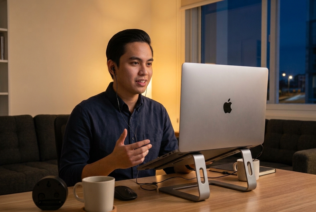 Filipino virtual assistant on a video call with an international client.