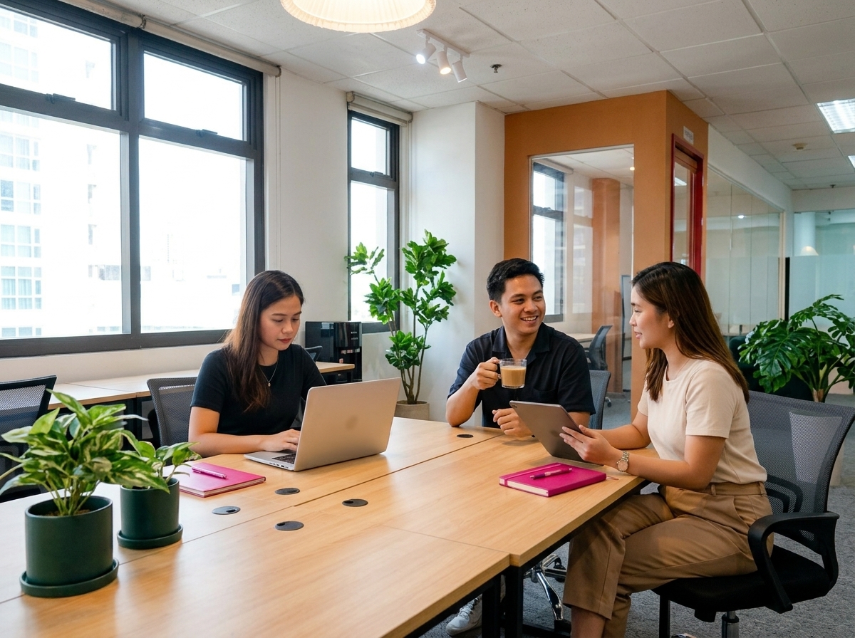 Filipino professionals working at a Zero-Ten Park workspace in Cebu.