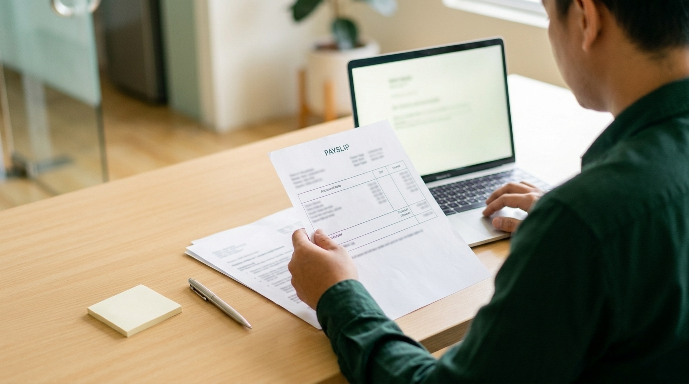 Filipino remote worker reviewing a payslip and contribution records at a desk.