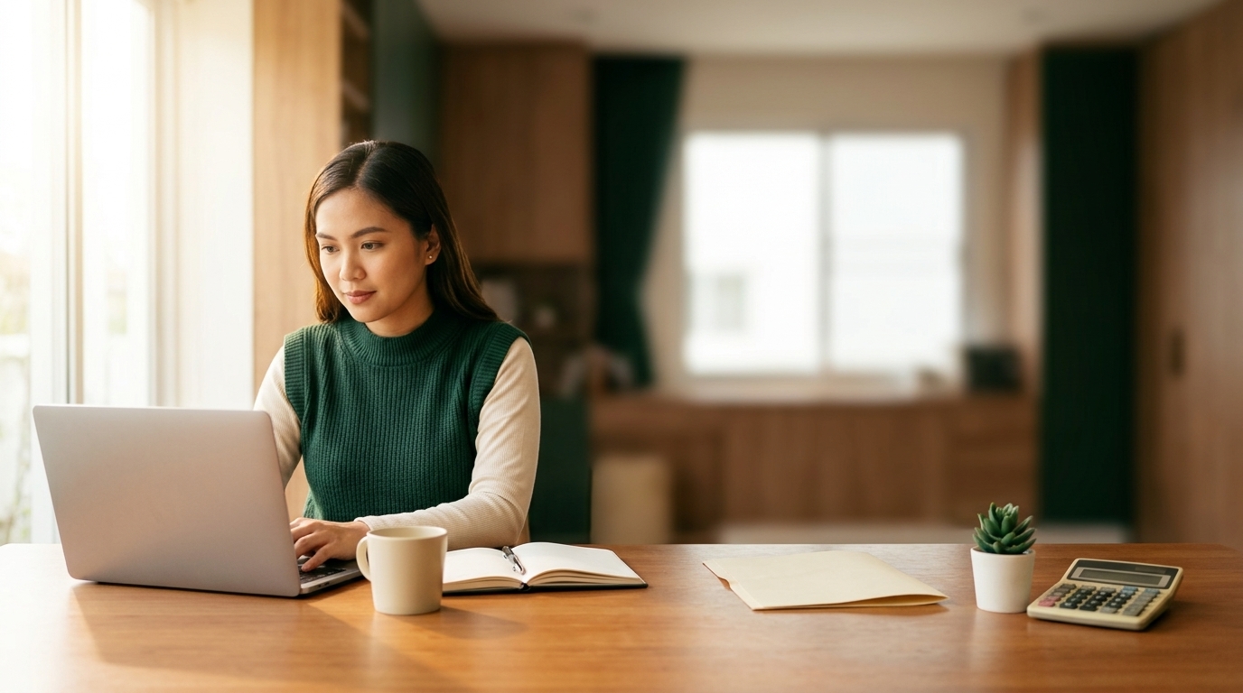 Freelance virtual assistant working alone at a laptop in a home office.