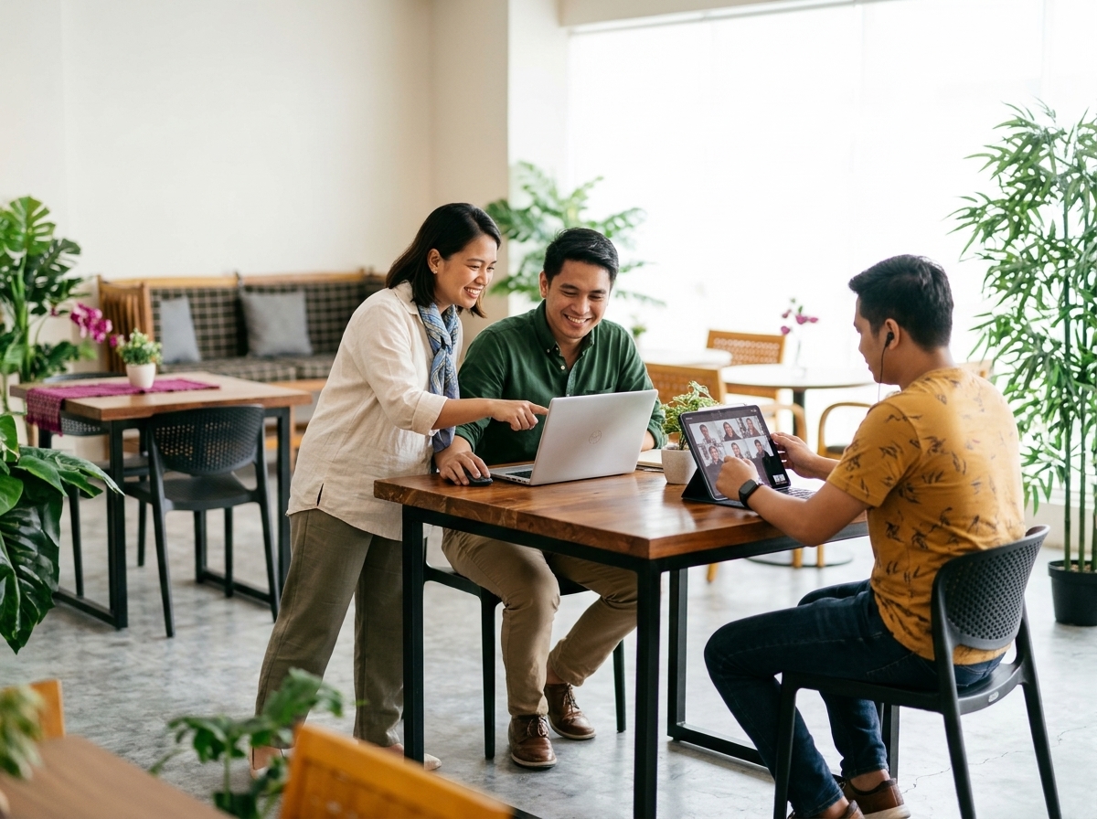 Filipino team collaborating online from a shared workspace.