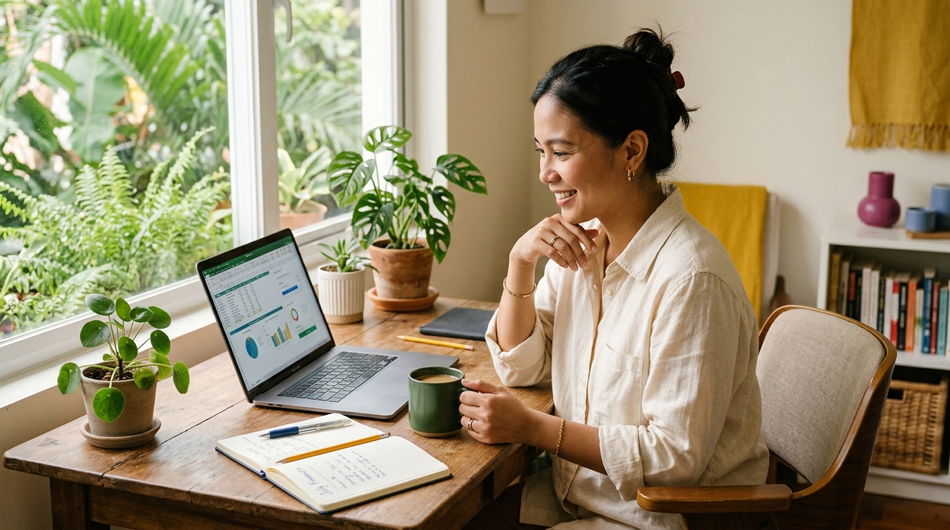 Filipino remote worker at a desk reviewing work and personal finances on a laptop.
