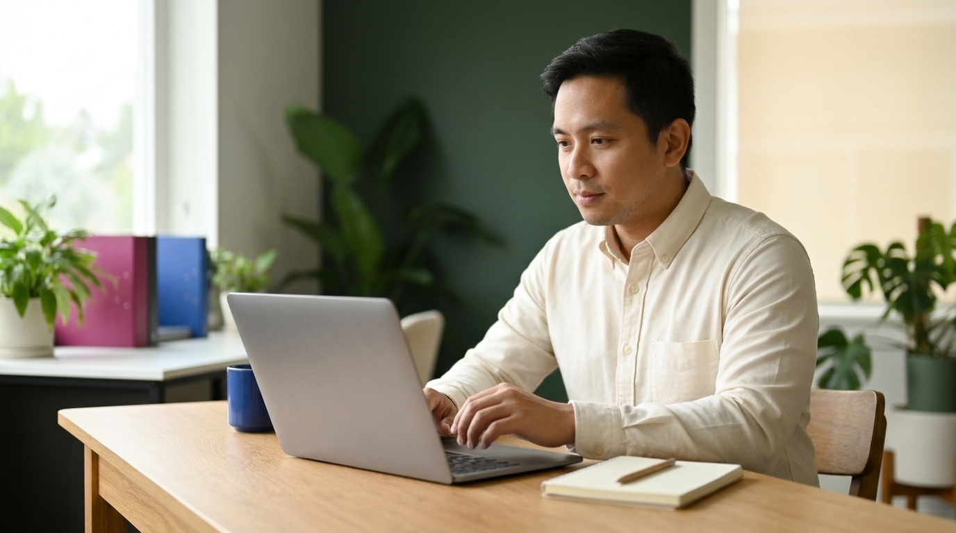 Remote professional comparing compensation and employment terms on a laptop.