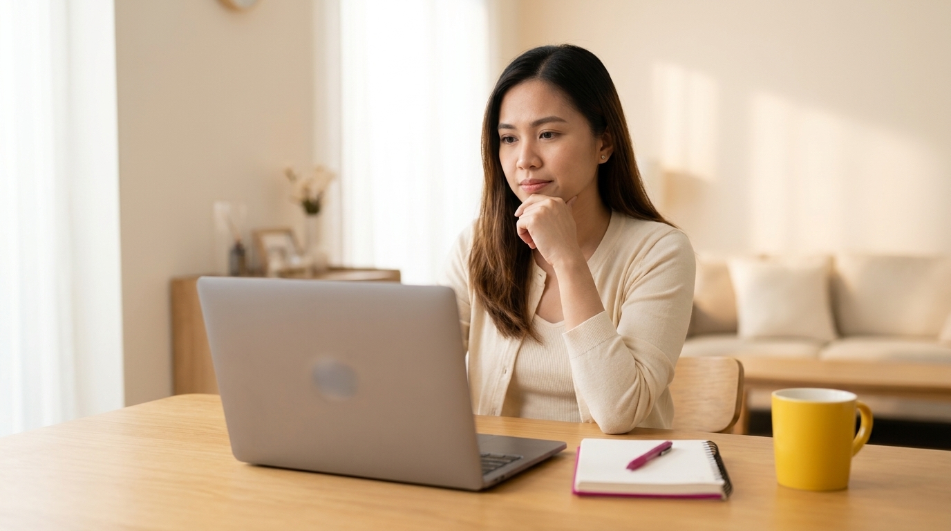 Filipino VA at a laptop thinking about how to word a message to a client.