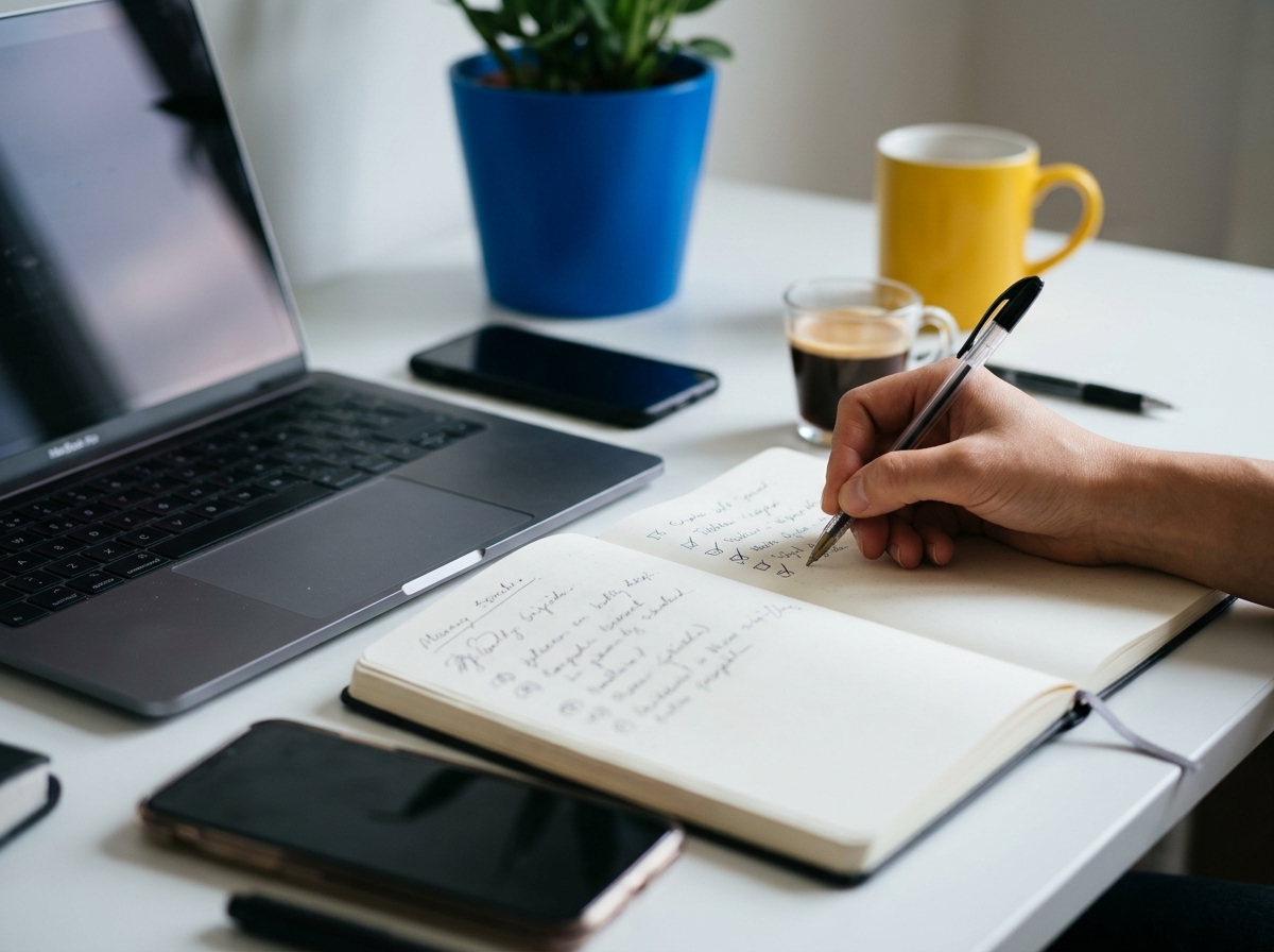 Notes and a laptop on a desk while a remote worker prepares for a conversation with a client.