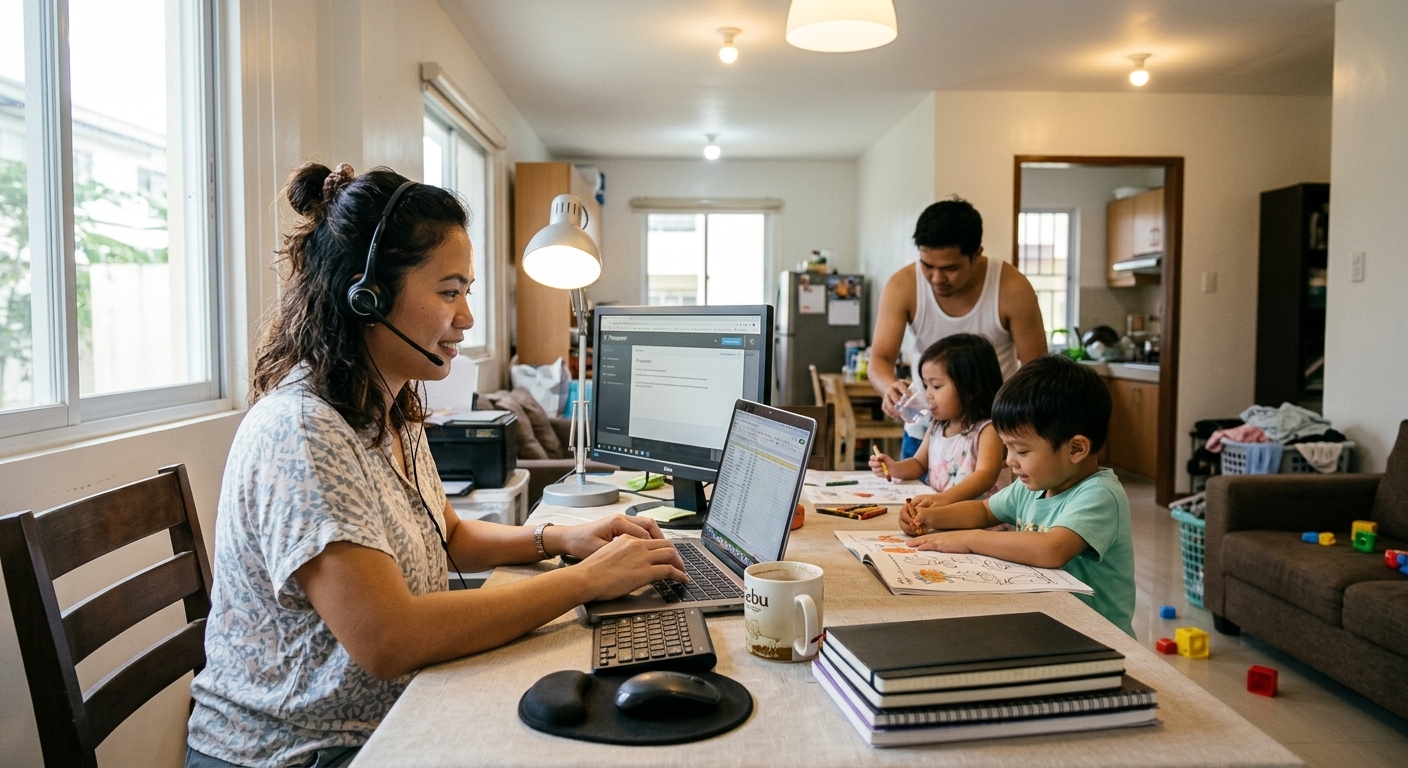 Filipino virtual assistant working from home with family nearby.