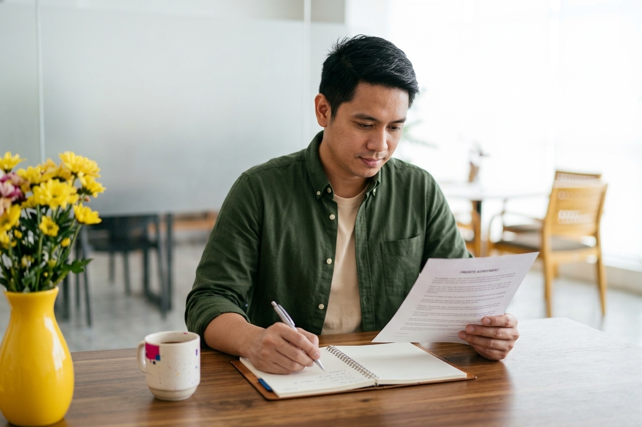 Professional reading an agreement and noting questions before a conversation with a client.