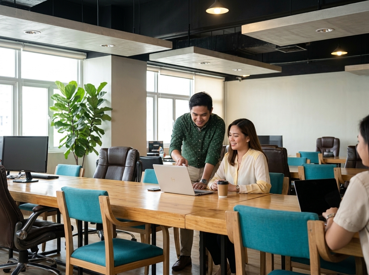 Filipino professionals working at a Zero-Ten Park workspace in Cebu.