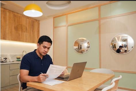 Filipino professional reviewing a document at a laptop.