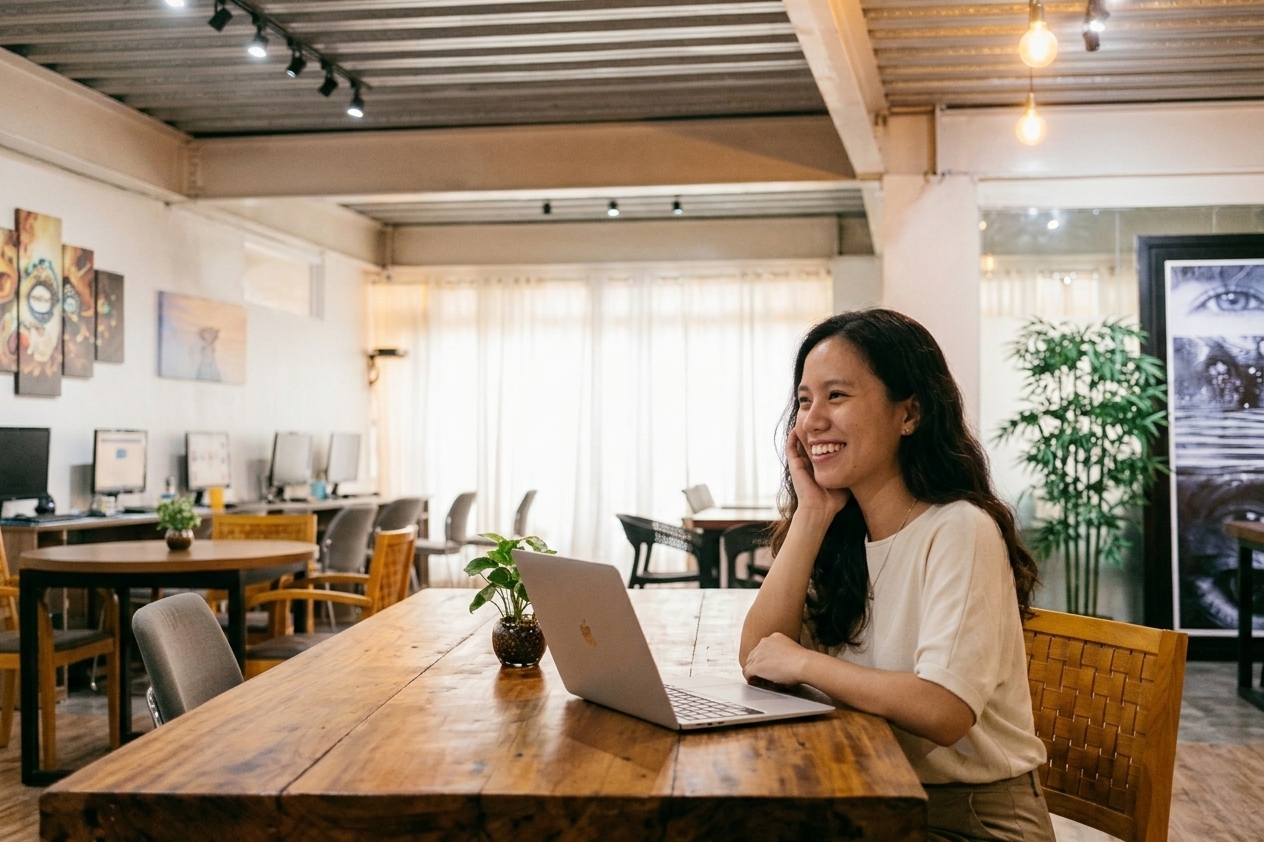 Filipino virtual assistant on a video call with an international client.